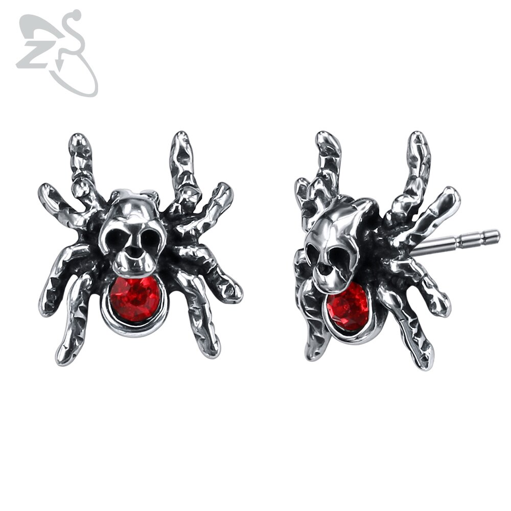 ZS Punk Rock 316L Stainless Steel Stud Earrings for Men 2 Pcs Hip Hop Skull Earring with Red CZ Stone Male Biker Gothic Jewelry: Spider-Red