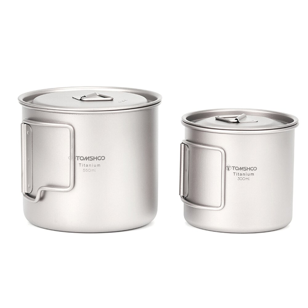 TOMSHOO Ultralight Titanium Cup Outdoor Portable 2PCS Cup Set 300ml 650ml Camping Picnic Water Cup Mug with Foldable Handle