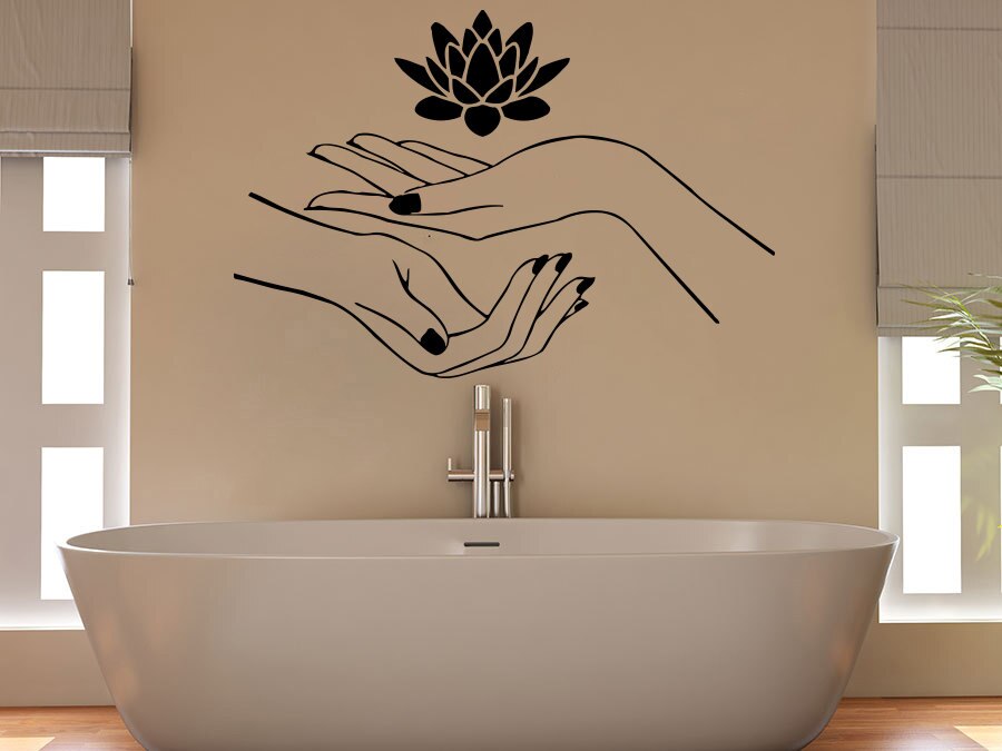 Muursticker schoonheidssalon voor meisjes, lotusbloem, handenpatroon, vinyl muurstickers, badkamer interieur, verwijderbaar, thuis, namaste, doe-het-zelf, syy 700: H622 zwarte / 8457cm