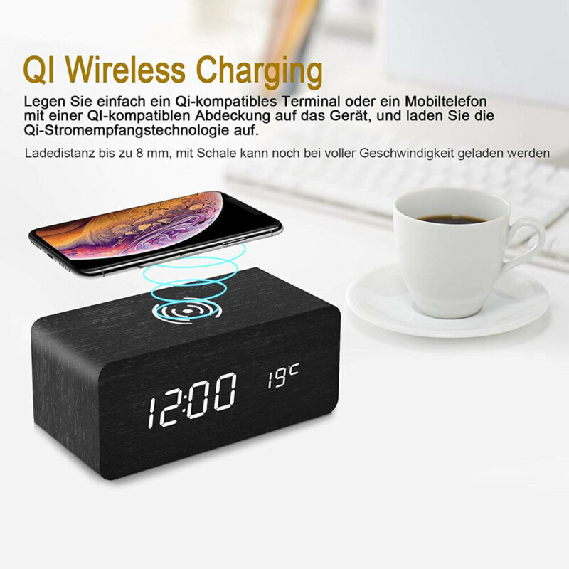 Modern Wooden Wood Digital LED Desk Alarm Clock Thermometer Wireless Charger