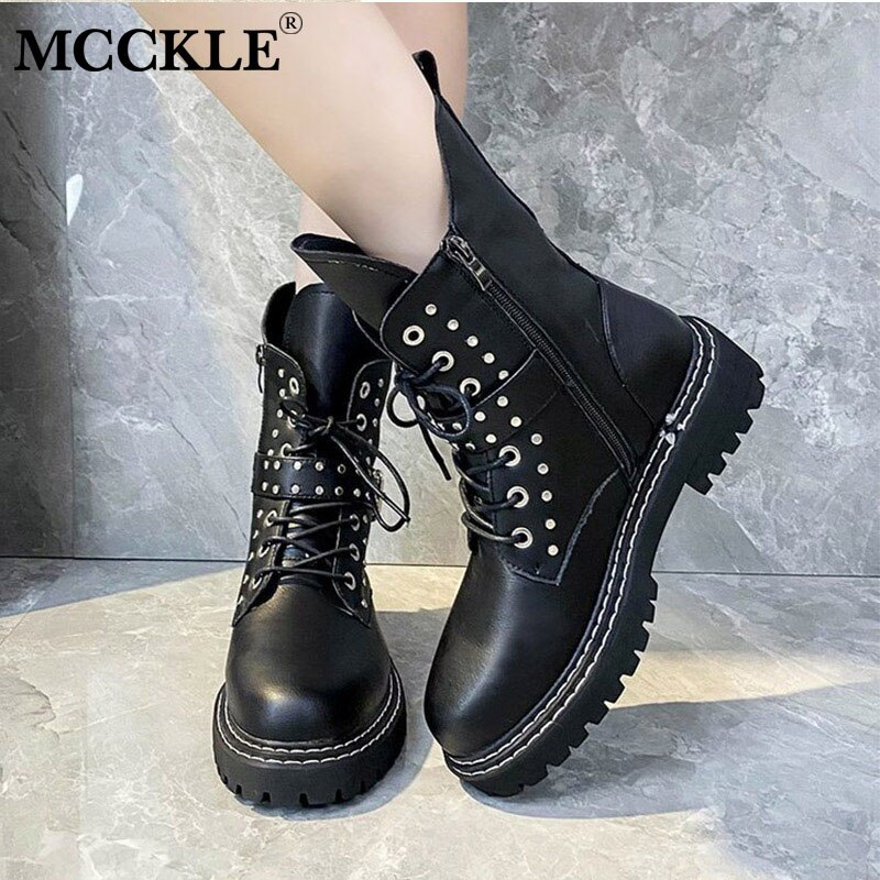 Mcckle kvinner nagle kule ankelstøvletter snøringe dame spenne stropp kort støvel plattform kvinnelig fottøy sy glidelås sko
