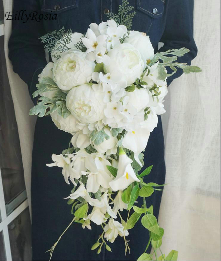 Simulation gouttelettes tenant fleurs cascade mariée Bouquet église romantique mariage décoration blanc Rose dentelle poignée