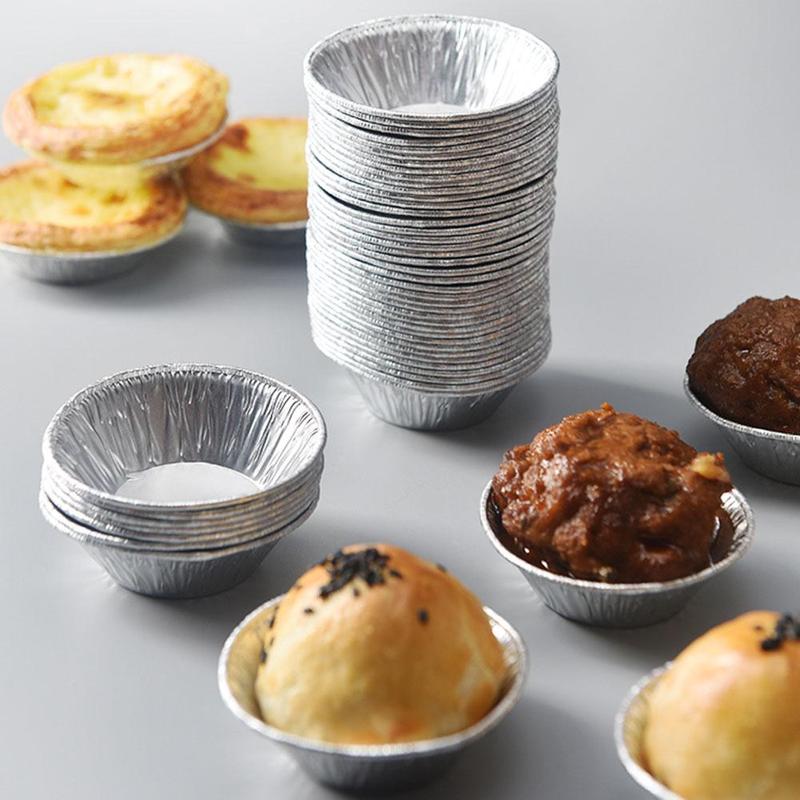 100 Uds de papel de aluminio de tarta de huevo Pan molde Mini pastel hornear plato tazas para hornear desechables ronda tarta Base caja de magdalenas bandeja estaño conjunto