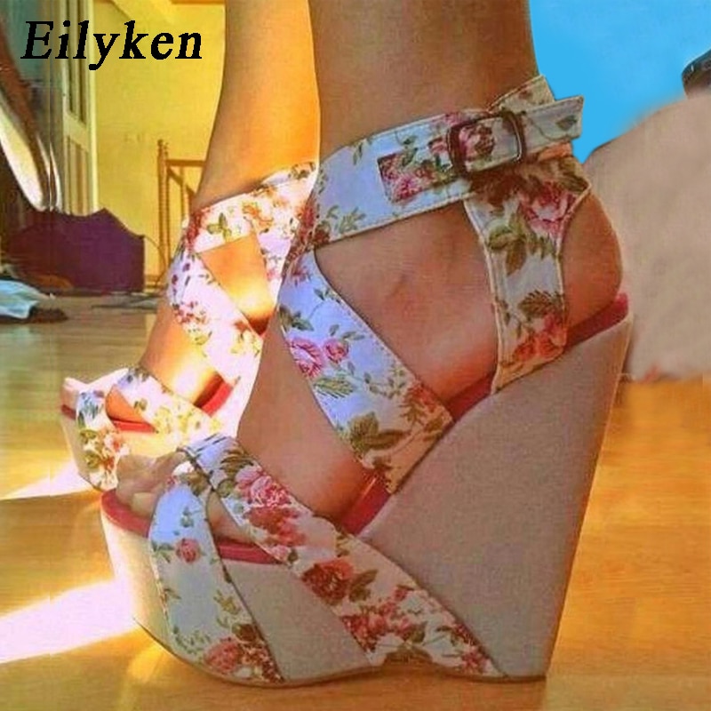 Eilyken Silk Print Floral Wedges Shoes For Women High Heels Sandals Summer Women's Shoes Peep Toe Wedges Platform Sandals