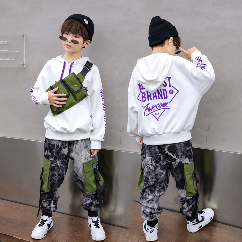 Chico ropa Hip Hop sudadera blanca con capucha Top sudadera camuflaje pantalones de camuflaje tácticos para niña niño trajes de baile de Jazz ropa de calle
