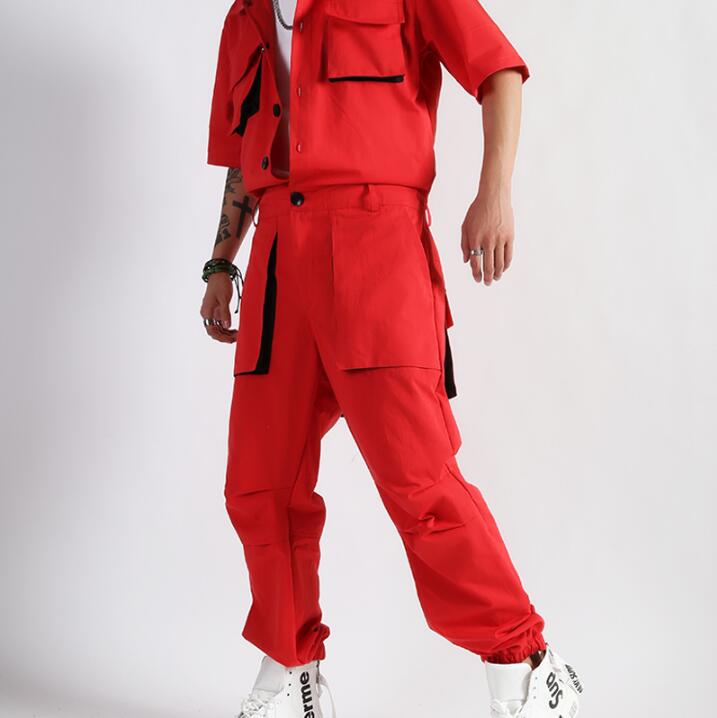 Mono de algodón rojo de una pieza para hombre, mono de manga corta con herramientas retro Para club nocturno, traje de cantante