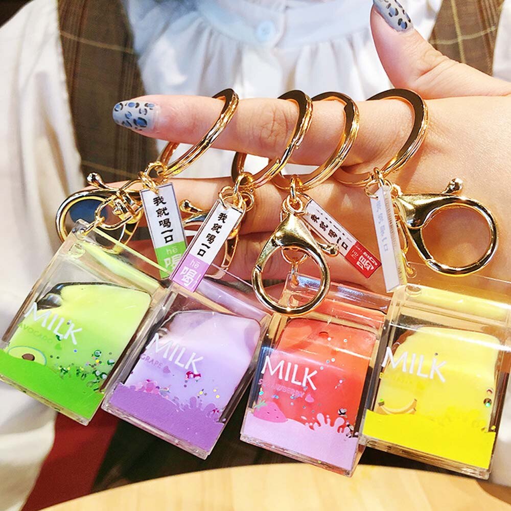 Acrylic Dairy Cow Milk Drinks Keychain Fruit Milk Moving Liquid Keyrings Decompression Drift Bottle Jewelry Kids