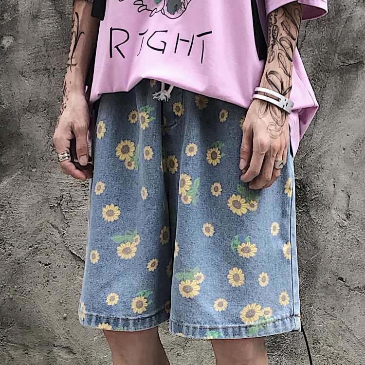 Pantalones cortos vaqueros lavados con estampado Floral de margaritas para hombre y mujer, ropa de calle informal, holgada, con cintura elástica, de verano