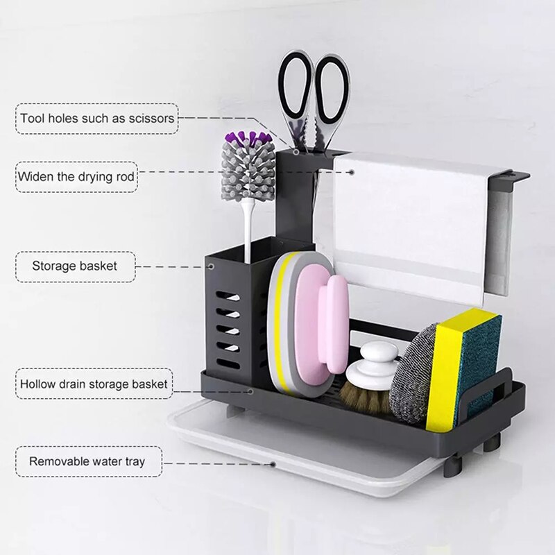 Porte-éponge en acier inoxydable, support de brosse à savon, évier de cuisine, caddie organisateur avec bac de vidange, support de séchage de cuisine Premium