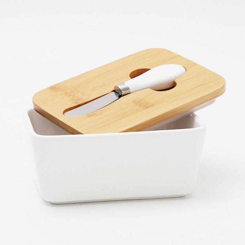Butter Box Nordic Ceramic Container Storage Tray Dish Cheese Food Tool Kitchen Keeper Wood Cover Sealing Plate+ Knife Sealed Can