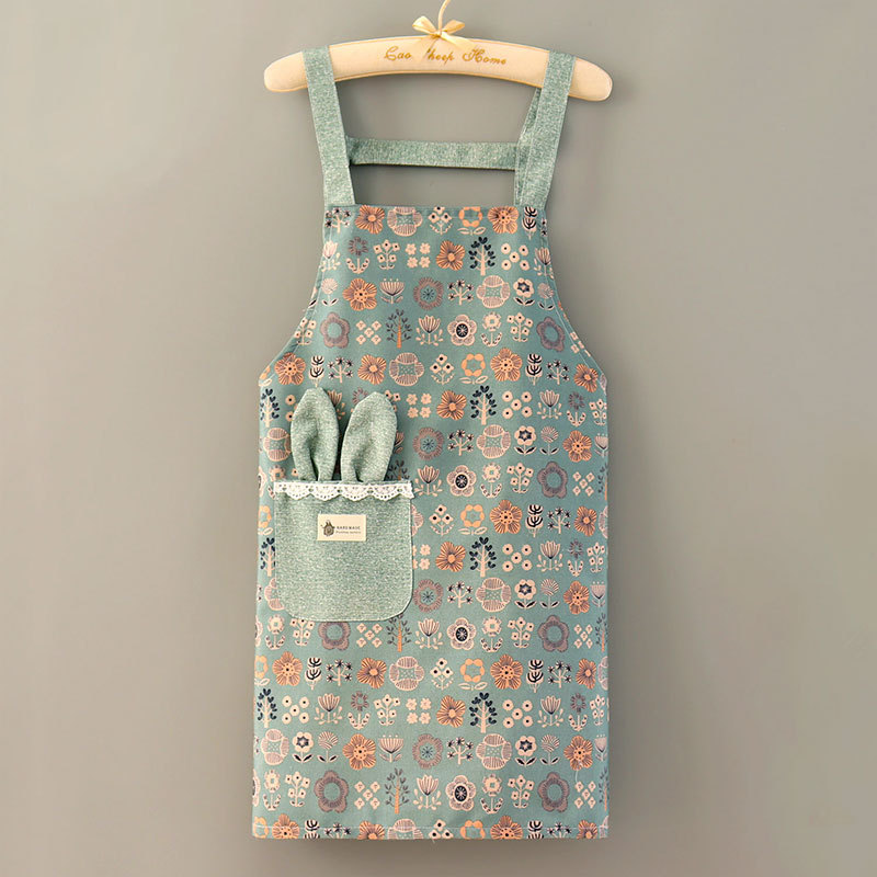 Kitchen Apron Household Cooking Smock Work Clothes Flower Printed: WHITE