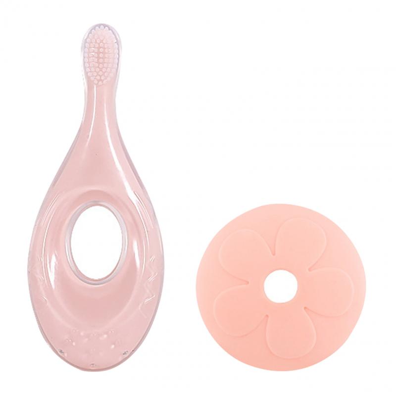Baby Toothbrush Toddler Infant Soft Silicone With Baffle Gum Care Short Handle Toothbrush Baby Care Sppulies: Light Pink