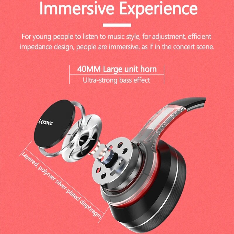 Lenovo HD200 Wireless BT Headset BT5.0 Over-ear Earphone Noise Cancellation HIFI Stereo Game Headset Mic Auriculares de música