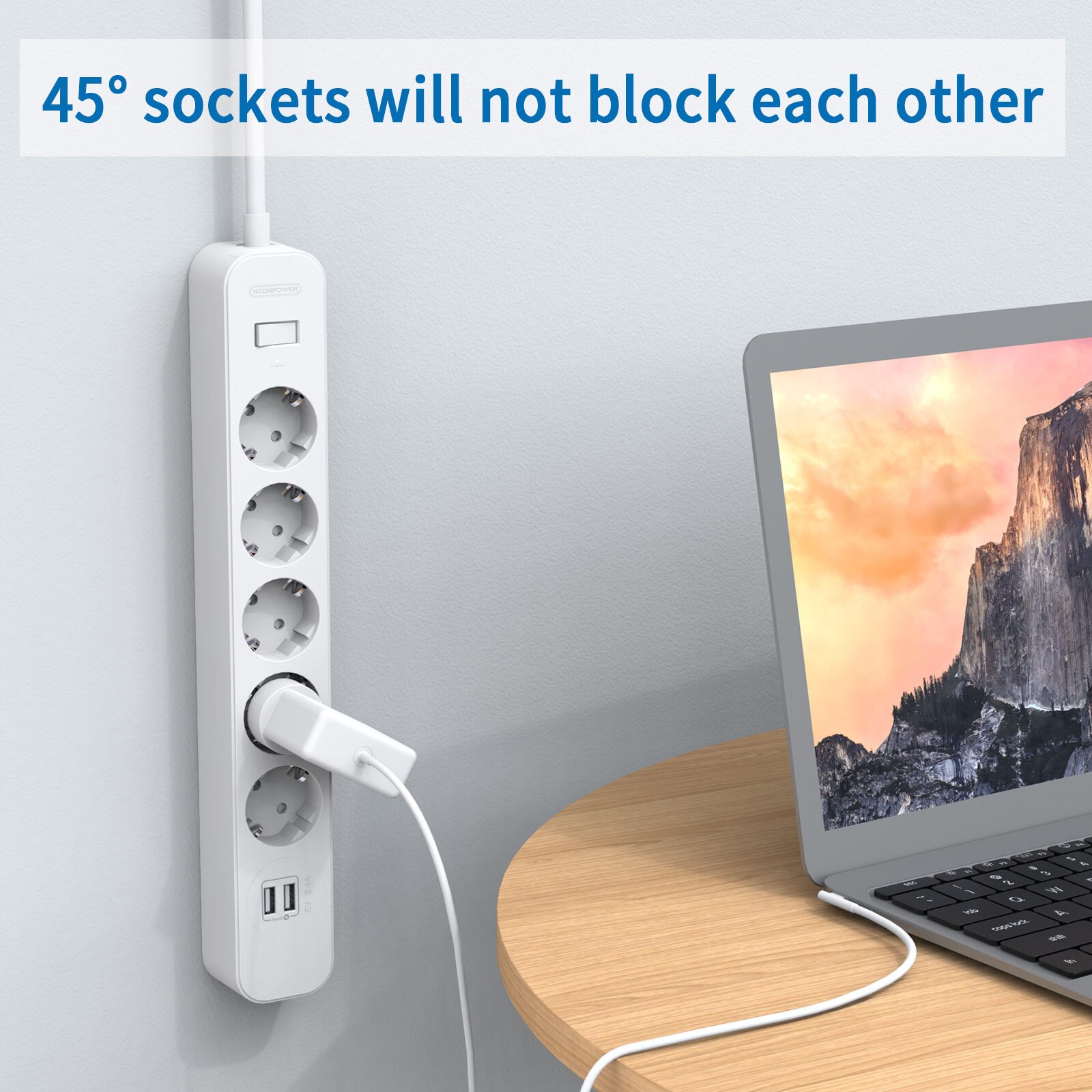 NTONPOWER Wall Mountable Power Strip, 5M Extension Lead with USB, EU Power Plug with Overload Protected Switch, for Home Office