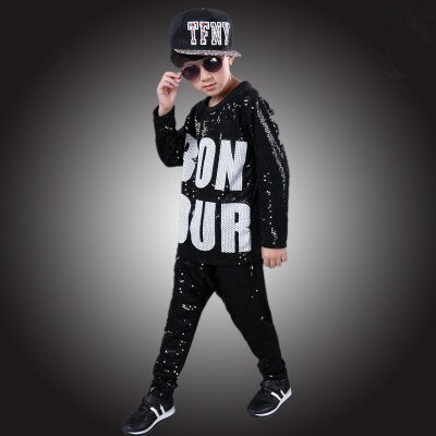 Child hip hop jazz modern dance Paillette clothing hip hop kids Sequined t shirt performance wear child costume: Black / XL