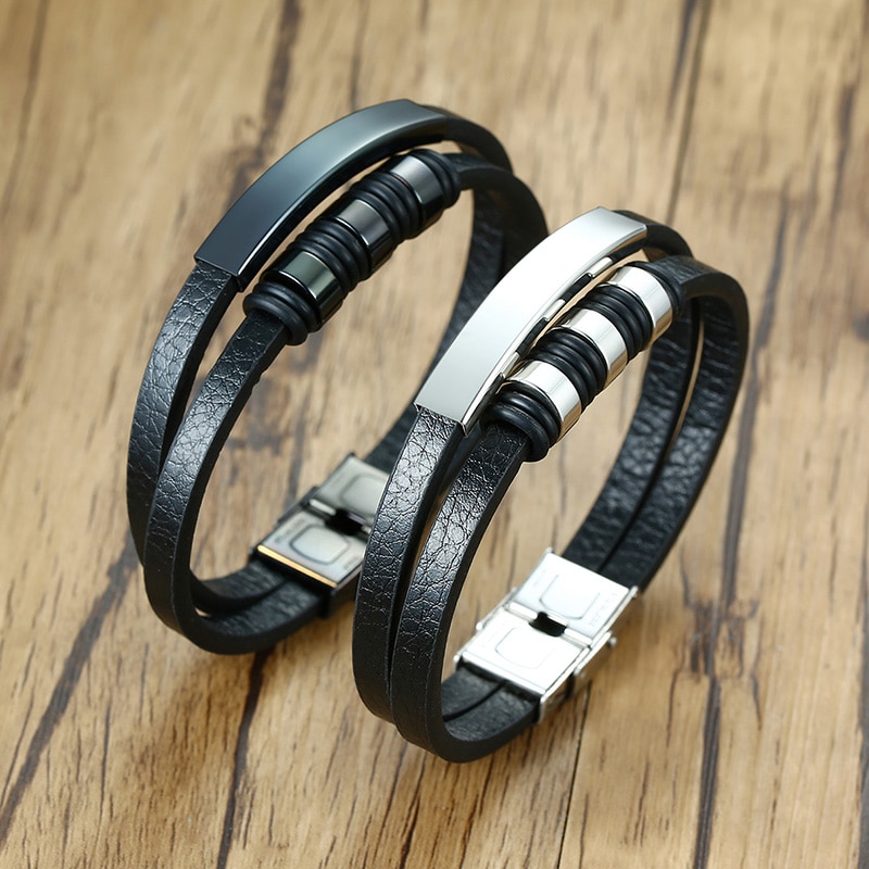 Mannen Lederen Armbanden Met Zwarte Kralen Charm Bangle Gelaagde Polsband Streetstyle Toevallige Mannelijke Sieraden