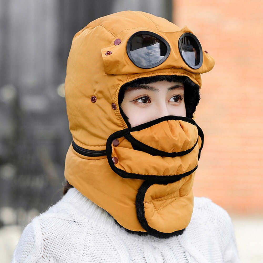 Winter Warm Hat Men Women Riding Cap Scarf Thick Earflap Outdoor Windproof Lei Feng Cap Ski Anti-fog Hiking Cotton with Glasses: Yellow