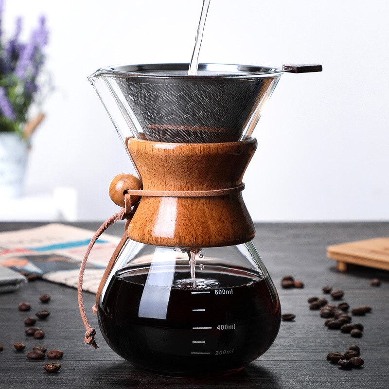 Cafetière en verre résistante avec filtre en acier inoxydable, Anti-brûlure, poignée en bois, cafetière à expresso, outils de Barista: 600ml with filter