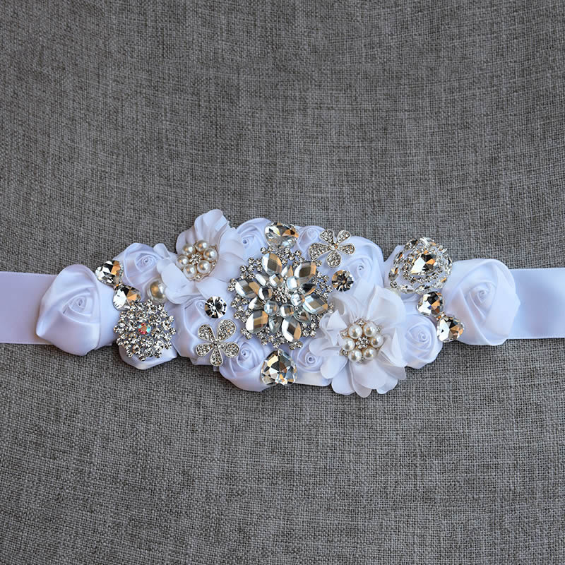Cinturones de boda de cristal, apliques de flores de satén, banda de diamantes de imitación, accesorios de boda, cinturón de novia: WHITE
