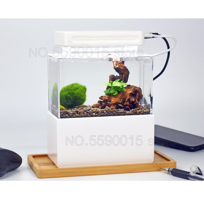 Mini Plastic Fish Tank Portable Desktop Aquarium Fish Bowl with Water Filtration LED & Quiet Air Pump for Decor
