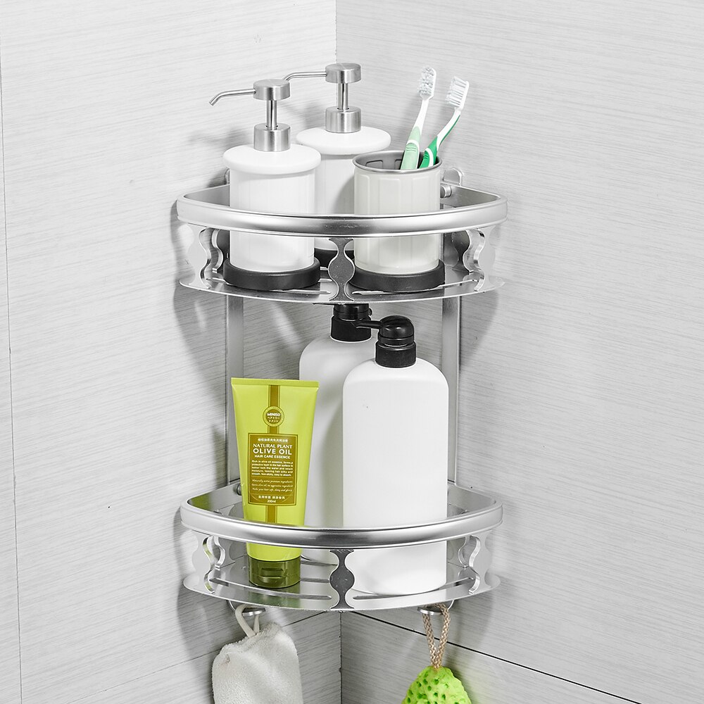 Badeværelseshylder aluminium 2 etagers hjørnehylde brusekabine opbevaring shampoo kurv væg køkken hjørne sticky holder 811015