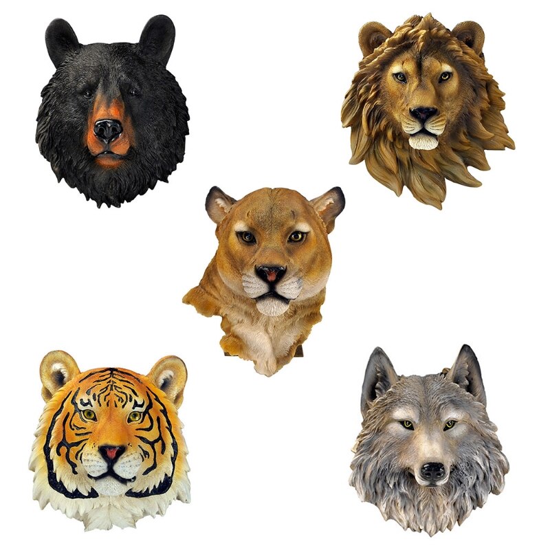 Décoration murale 3D en résine avec tête d&#39;animal, loup, tigre, léopard, Lion, ours, Sculpture d&#39;animaux