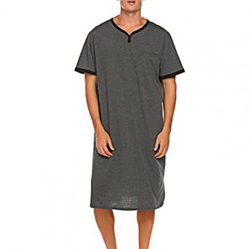 Men Short Sleeve O Neck Pocket Nightdress Loose Knee-length Nightgown Homewear Loose Knee-length Nightgown Homewear: Dark Gray / M