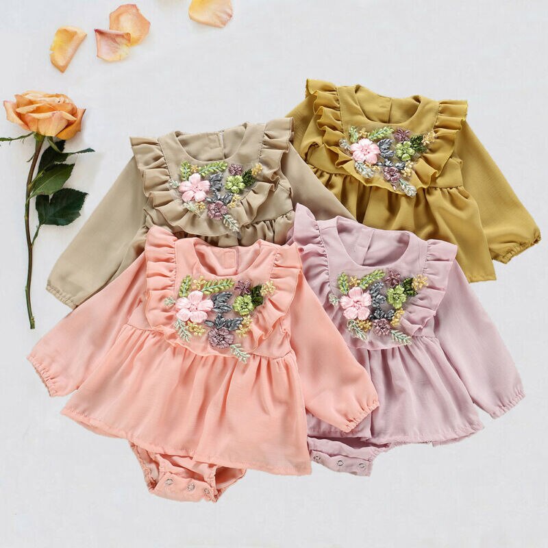 Baby lente herfst kleding kinderen baby meisjes kleding ruches 3d bloemen lange mouwen romper ruches jurk jumpsuit outfits