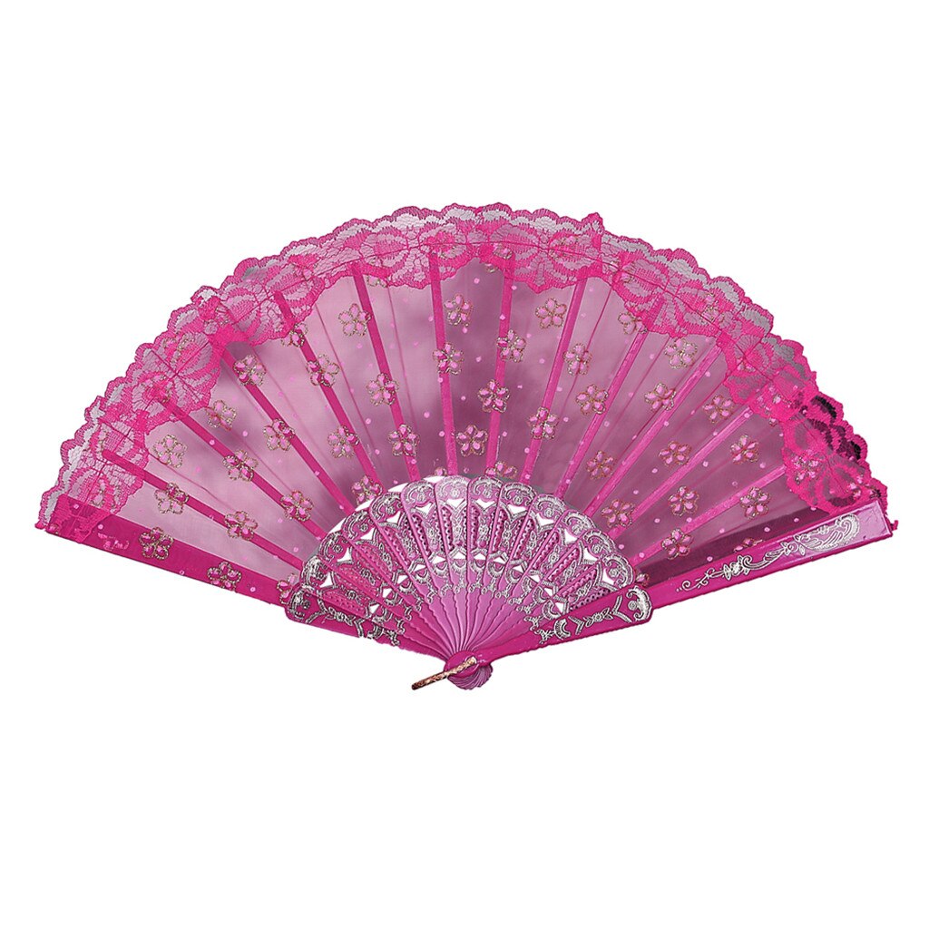 25#  dekorative fans stof kinesisk / spansk stil dans bryllupsfest blonder silke folde håndholdt blomstervifte: Hot pink