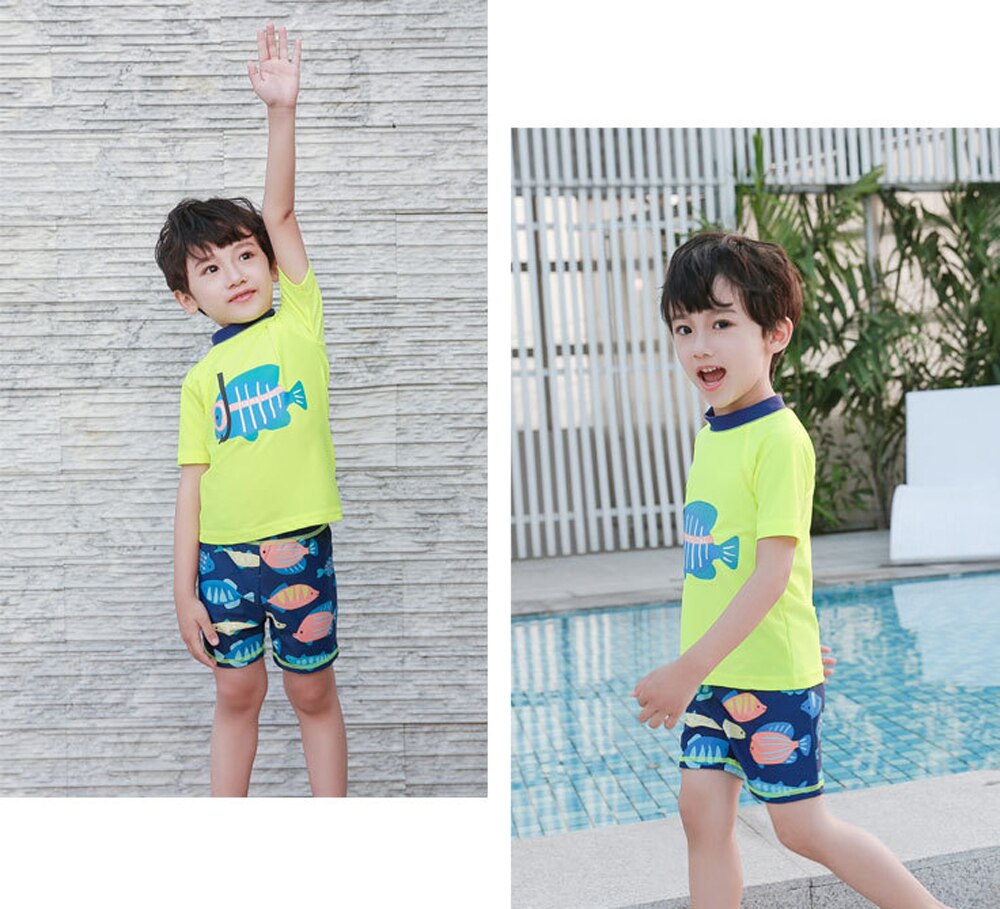 3 stk sæt drenge split badetøj børn udendørs strand badetøj sommer dykning fisk t-shirt+kort+hat badedragt