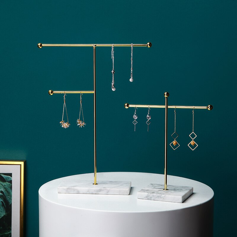 Metalen opbergrek met marmeren voet, modieuze moderne sieraden, ring, ketting, oorbellen, displaystandaard, tafeldecoratie  wy706