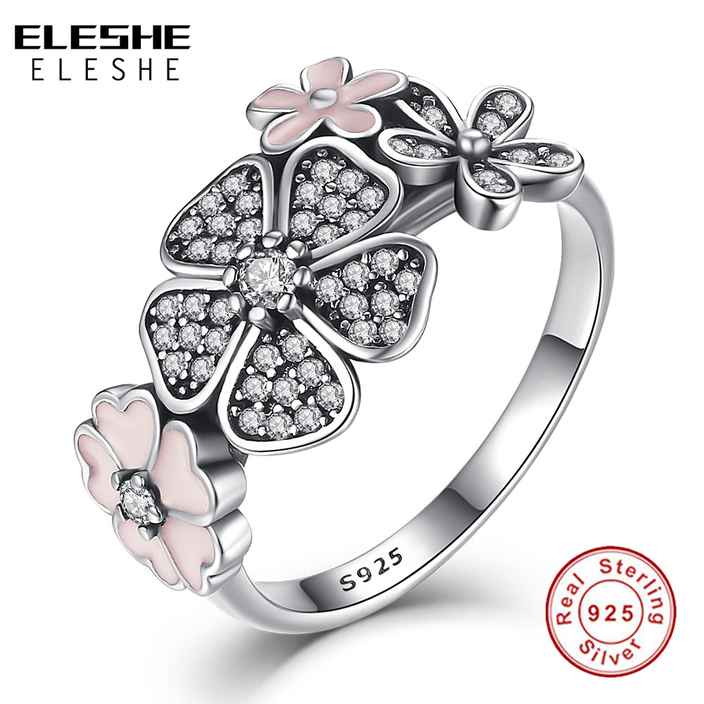 ELESHE 100% 925 Sterling Silber Ringe Rosa Gänseblümchen Mit Transparente Glänzende Zirkon Ring Für Frauen Partei Schmuck