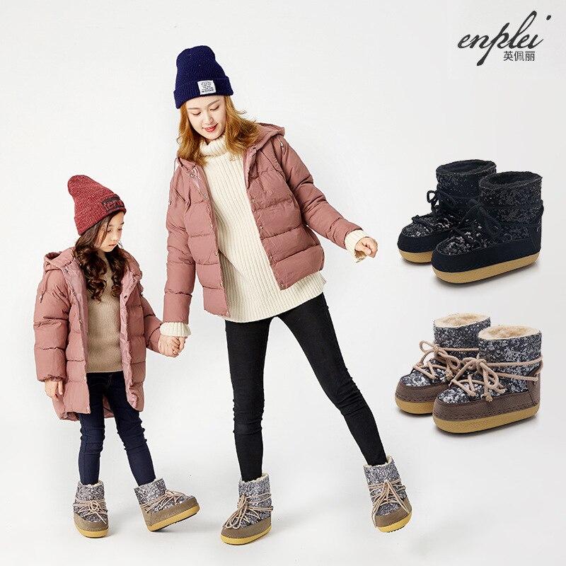 Ouder-kind warme wollen sneeuwlaarzen meisjes winterwarmte met fluwelen laarzen prinses pailletten korte skischoenen