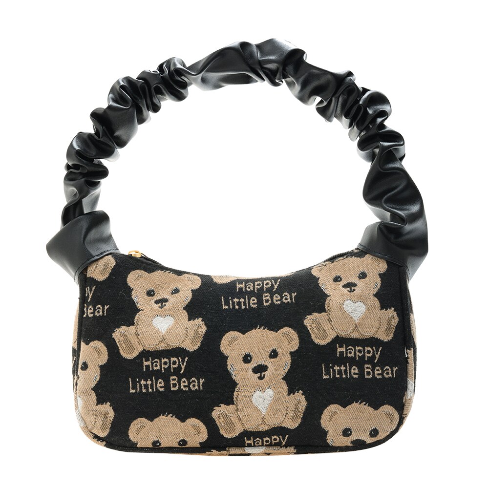 Simple Bear Plaid Printed Pleated Handbags for Women Casual Canvas Armpit Bags Female Small Underarm Shoulder Bags: Black Bear