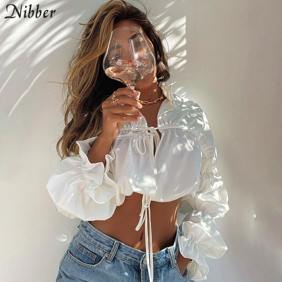 Nibber Sxey lace up Hollow puff sleeve tshirt for women fall Clothing O neck Ruffles long sleeve corp top mujer