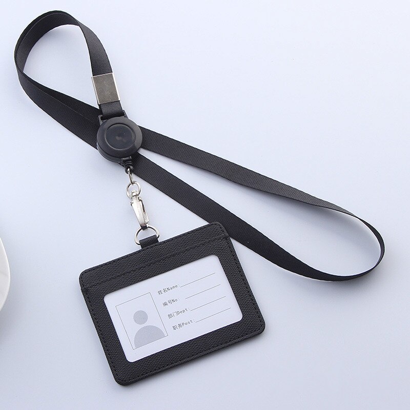 PU Leather Lanyard retractable badge holder ID card holder school lanyards id badge holder horizontal badge holder transparent: black-Horizontal
