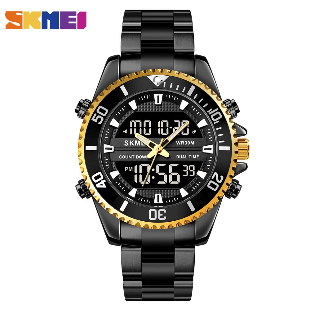 Skmei Dual Display Horloges Heren Mode Digitale Horloges Chrono Alarm Mannen Klok Waterdichte Rvs Relogio Masculino: Black gold