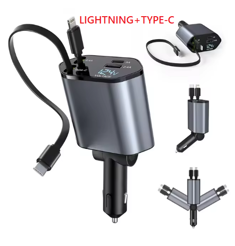 4 i 1 uttrekkbar billader , 100w hurtiglading med 2 usb-bærer, uttrekkbar iphone-lader og trykk-c-lader, uttrekkbar kabel