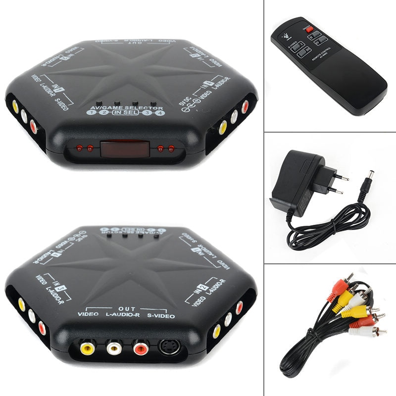 Mayitr 4 in 1 out S-Video Video Audio Game RCA AV Switch Box Selector Splitter + Remote controle