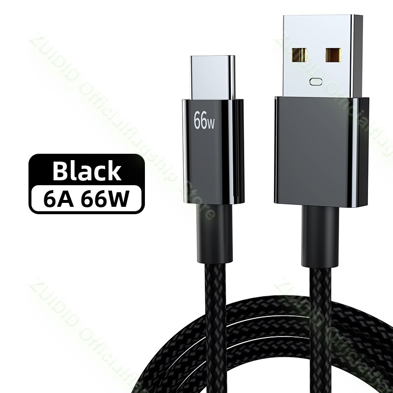 66W Usb Type C Kabel 6A Fast Charging Oplader Draad Koord Nylon Data Usbc Telefoon Kabel Voor Huawei P50 xiaomi Mi 10 Samsung S20 1/2M: Black For Type C / 1M