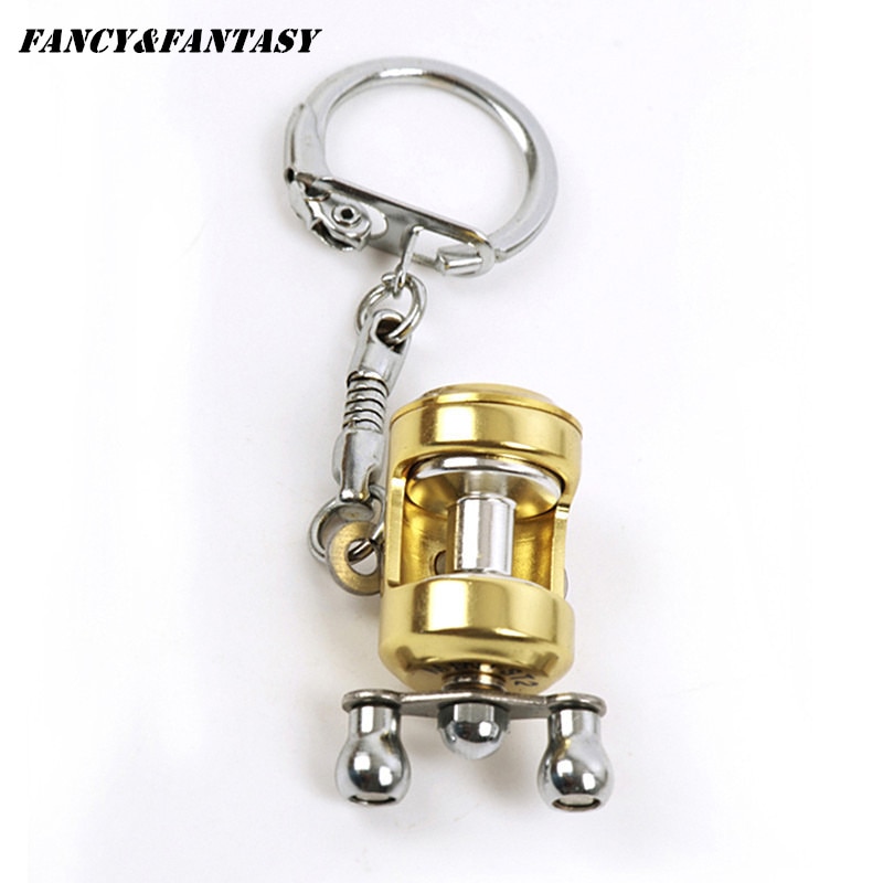 Phantasie & Fantasy Fisch Rad keychain Gold Farbe Fly Fisherman Spinning Angeln Reel Charactor Miniatur Schlüssel kette Mit Schlüssel Ring