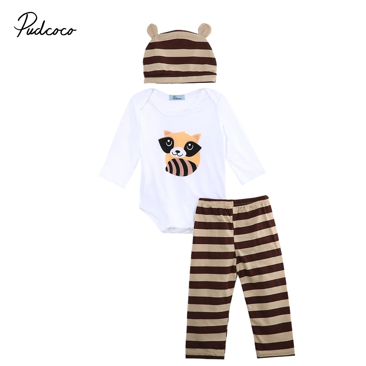 Emmababy 100cm puuvillaa vauvanvaatteita printti 3 kpl lasten vauvan tytöt pojat unisex täyshihainen body+raidalliset housut+hattuasut setit: Ruskea / 80