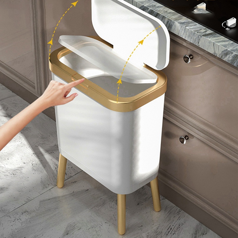 Luxury White Gold Trash Can 15L Large-Capacity with Lid Dustbin Living Room Sofa Side High Feet Garbage Bin