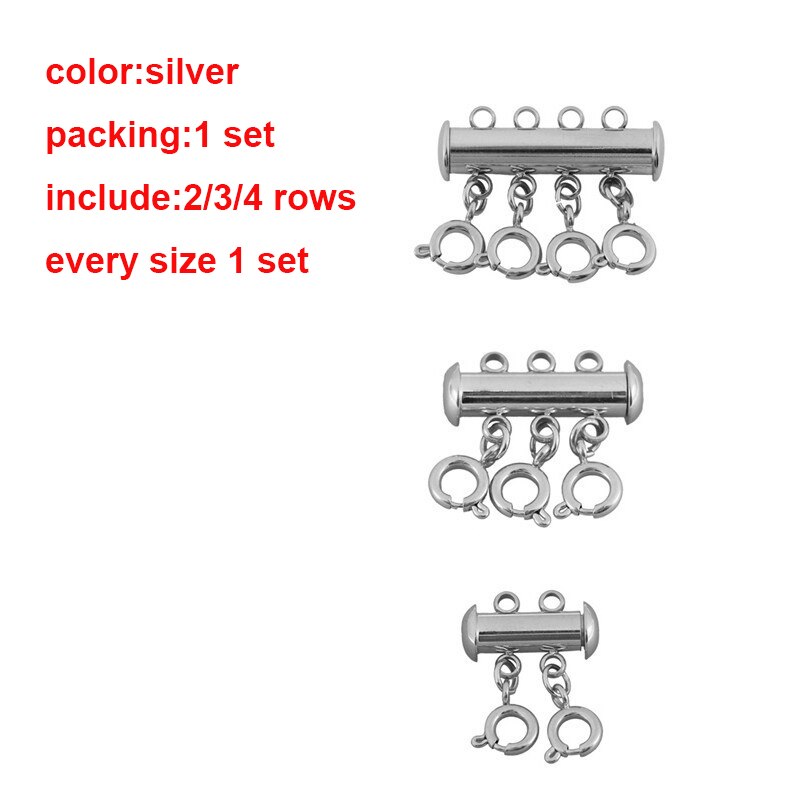 3set/lot Spring Buckle Lobster Clasps Connectors Slide Tube Lock Spacer Clasp Multi Strands Magnetic Tube Lock Layered: silver