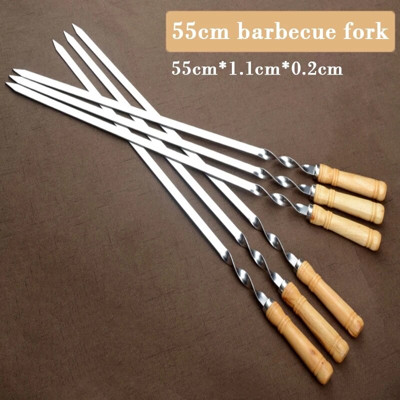 6Pcs 55Cm 21.5 "Bbq Spies Rvs Shish Kebab Bbq Vork Set Lange Platte Houten Handvat Barbecue naald Vlees Grill Outdoor Tool