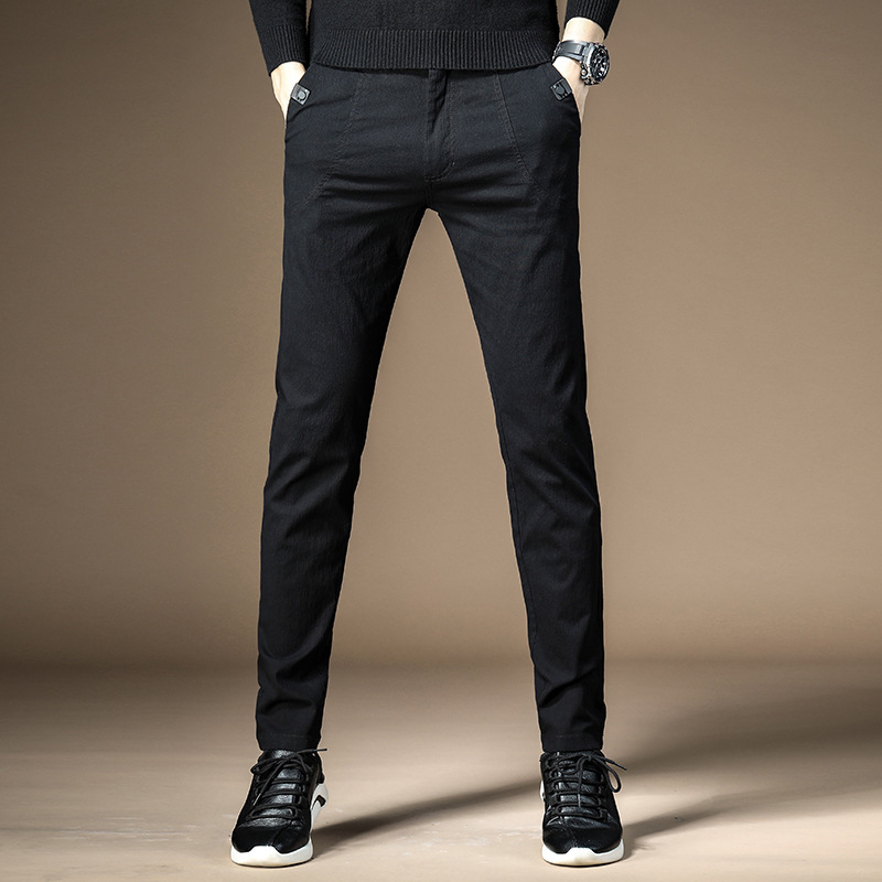 men's casual pants fitness cotton blends long trousers plus size winter elastic dark grey young leisure slacks