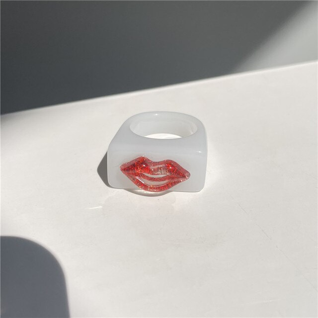Summer Trendy Punk Red Lips Shape Resin Finger Rings Mouth Lip Acrylic Colorful Ring for Women Girls Jewelry HUANZHI: C