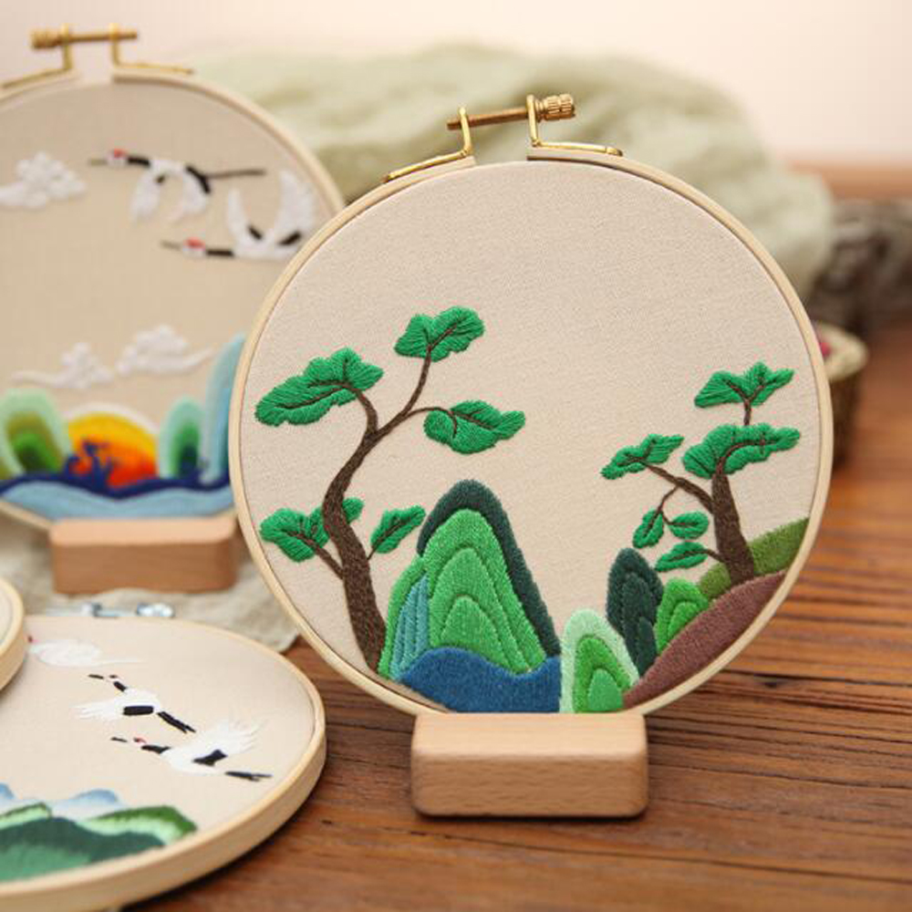 Kit de démarreur de broderie en bambou, avec motif de fleurs, de grue végétale, cerceau de broderie, fils de couleur, point de croix, bricolage