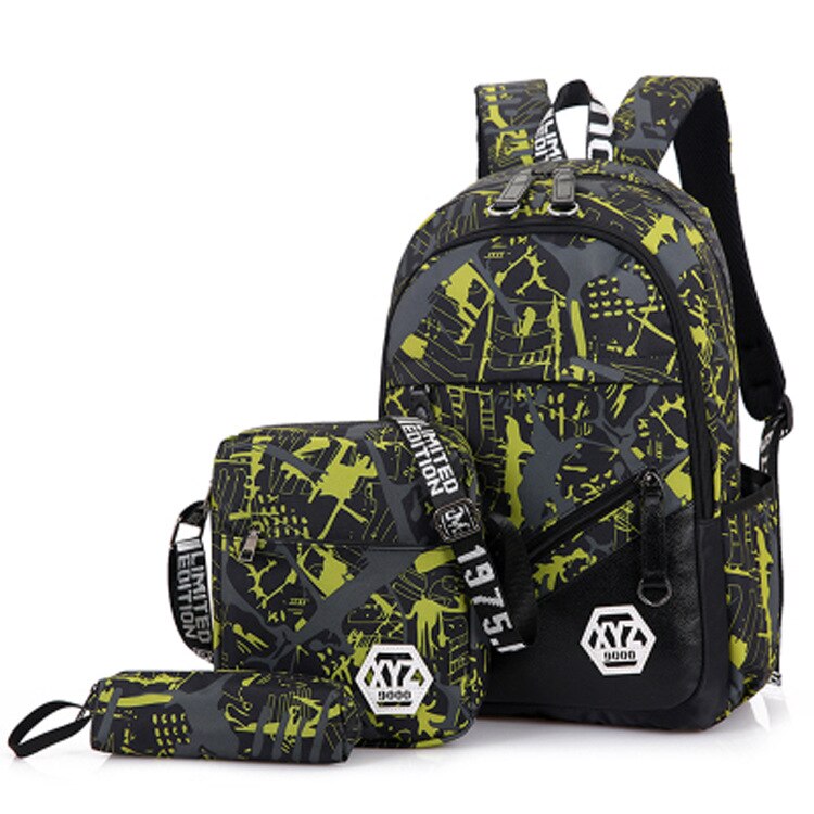 3pcs/Set Men Travel Backpacks Camouflage Printing School Bag Backpack Canvas School bags for Teenage Boys Students Bag back: green