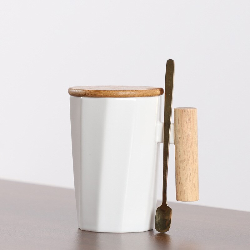 380ml Wood Handle Ceramic Coffee Mug Polygonal Office Home Milk Tea Cup For: White Set